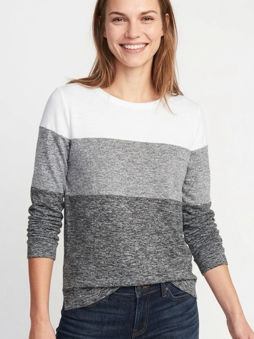 Black Grey White Striped Long Sleeve Crew Neck Top Unisex Casual